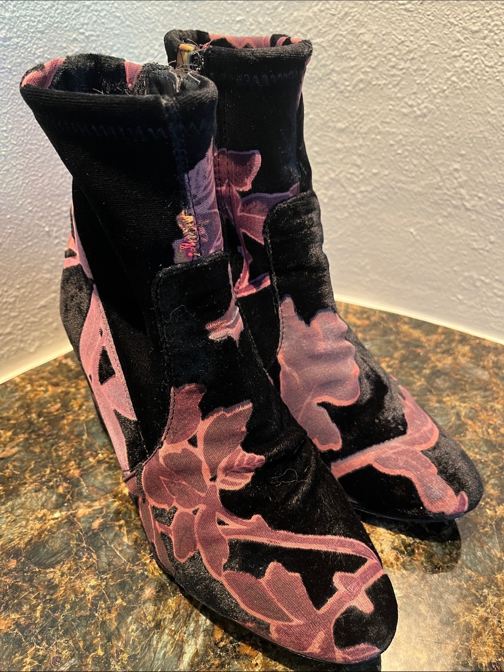 Steve Madden Black Velvet Ankle Boots with Pink Floral Pattern